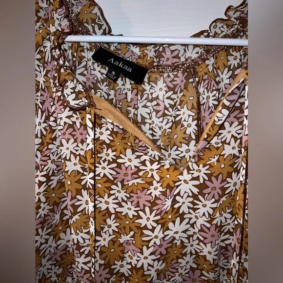 AAKAA MUSTARD FLORAL TASSEL FRONT TIE DRESS SIZE SMALL - Picture 5 of 7